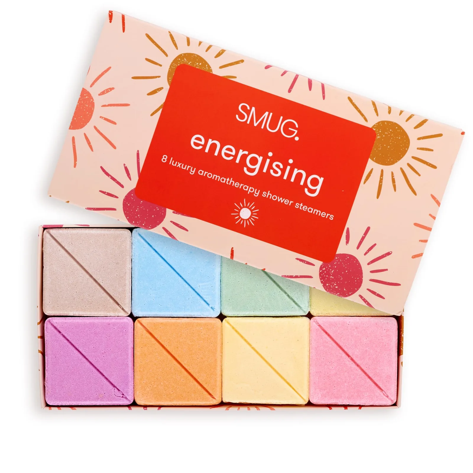Open SMUG Energising shower steamers box showing eight colourful steamers